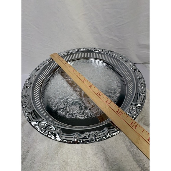 Vintage Shelton-Ware Serving Tray 13" Round Ornate Silver Toned Pierced Gallery - Picture 6 of 7